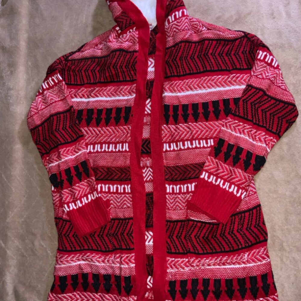 No Boundaries Women 2XL‎ Red Jacquard Knit Long Sleeve Sherpa Hooded Cardigan